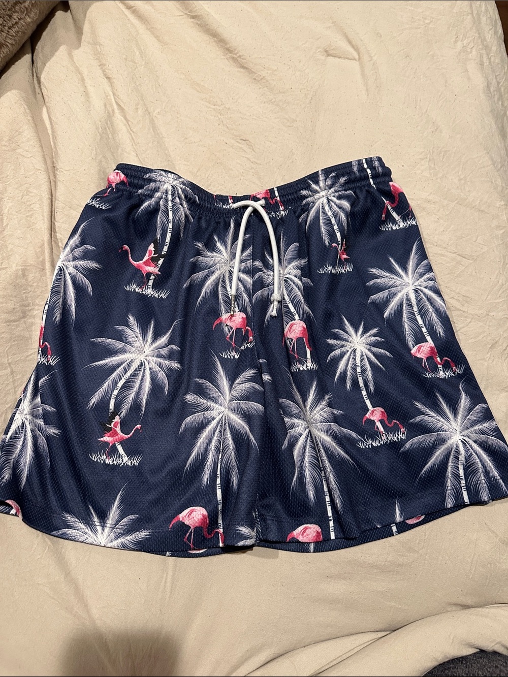 Drip Navy Palm & Pink Flamingo mesh shorts- missing silver piece on string